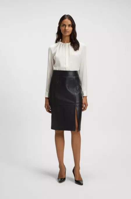 Collarless regular-fit blouse in stretch silk