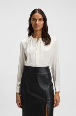 Collarless regular-fit blouse in stretch silk, White