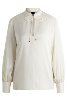 Relaxed-fit blouse in stretch silk with keyhole neckline, White