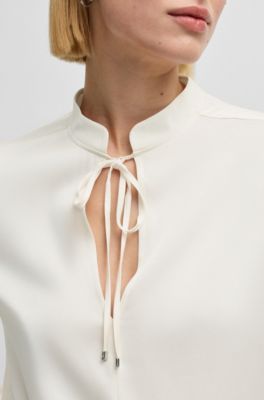 Relaxed-fit blouse in stretch silk with keyhole neckline, White