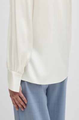 Relaxed-fit blouse in stretch silk with keyhole neckline, White