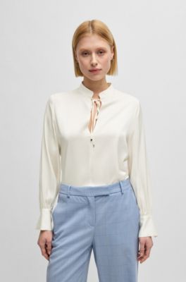 Relaxed-fit blouse in stretch silk with keyhole neckline, White