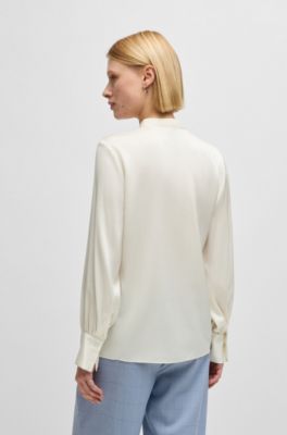 Relaxed-fit blouse in stretch silk with keyhole neckline, White
