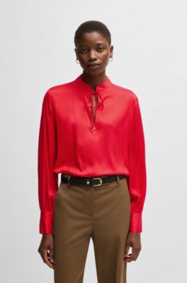 Relaxed-fit blouse in stretch silk with keyhole neckline, Red
