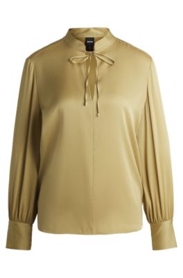 Relaxed-fit blouse in stretch silk with keyhole neckline, Dark Yellow