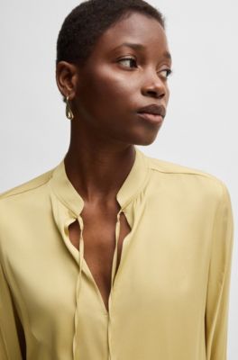 Relaxed-fit blouse in stretch silk with keyhole neckline, Dark Yellow