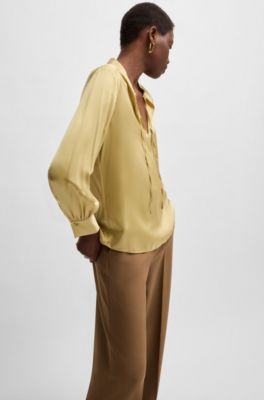 Relaxed-fit blouse in stretch silk with keyhole neckline, Dark Yellow