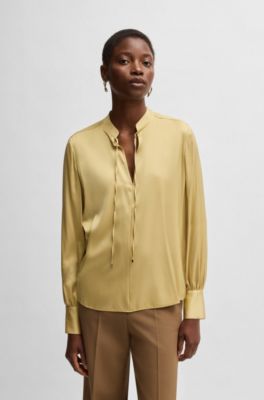 Relaxed-fit blouse in stretch silk with keyhole neckline, Dark Yellow