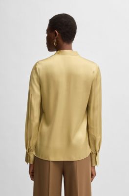 Relaxed-fit blouse in stretch silk with keyhole neckline, Dark Yellow