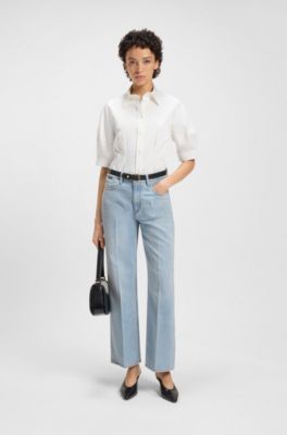 Vaqueros de pernera ancha en denim r&iacute;gido azul, Celeste