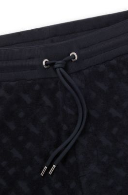 Short en coton &agrave; monogramme jacquard int&eacute;gral, Bleu fonc&eacute;