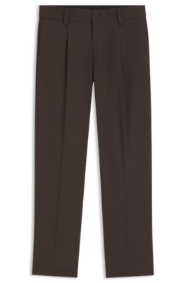 Pantalones de corte moderno en sarga el&aacute;stica con raya delantera, Desbordamiento marr&oacute;n