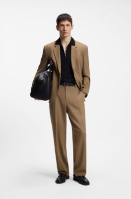 Pantalones de corte moderno en sarga el&aacute;stica con raya delantera, Desbordamiento de color beige