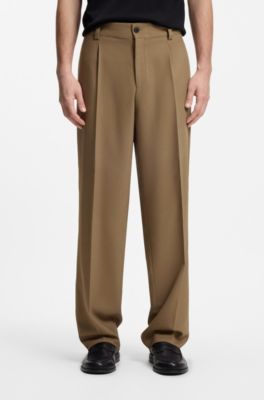 Pantalones de corte moderno en sarga el&aacute;stica con raya delantera, Desbordamiento de color beige