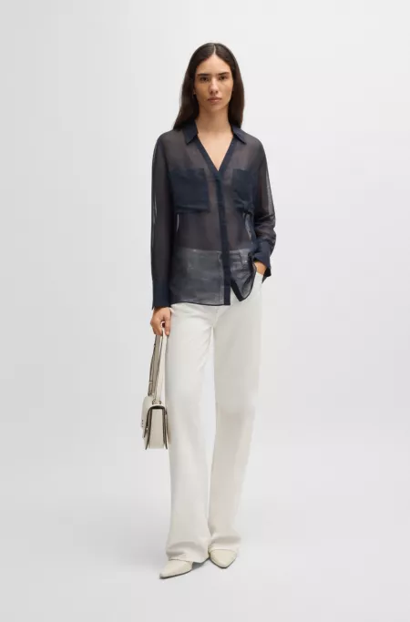 V-neck blouse in ramie with collar detail