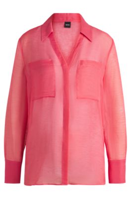 V-neck blouse in ramie with collar detail, Dark pink