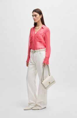 V-neck blouse in ramie with collar detail, Dark pink