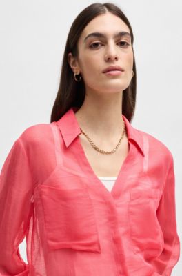 V-neck blouse in ramie with collar detail, Dark pink