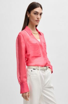 V-neck blouse in ramie with collar detail, Dark pink