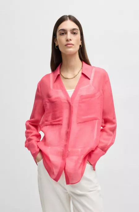 V-neck blouse in ramie with collar detail