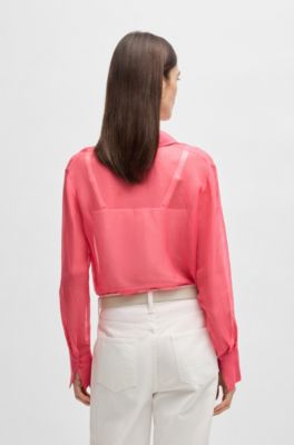 V-neck blouse in ramie with collar detail, Dark pink