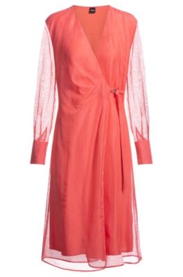 Vestido cruzado con detalles transparentes, Rosa oscuro