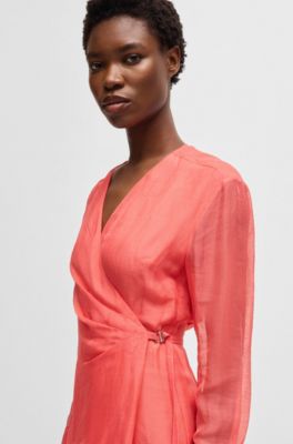 Vestido cruzado con detalles transparentes, Rosa oscuro