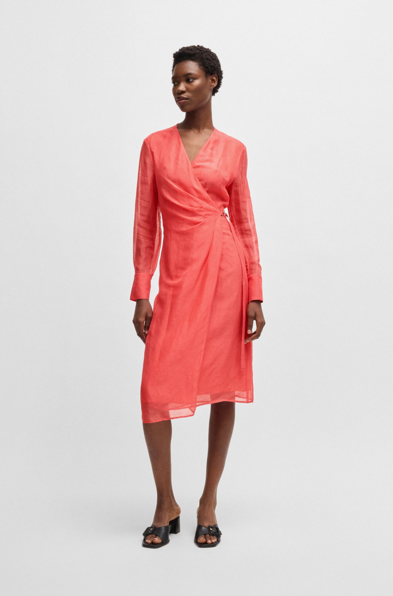 BOSS - Wrap dress with sheer detailing - Dark pink