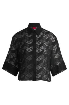 Regular-fit chiffon blouse with all-over logo print, Patterned