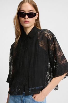 Regular-fit chiffon blouse with all-over logo print, Patterned
