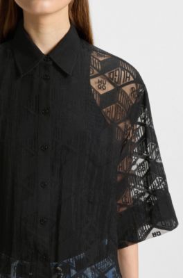 Regular-fit chiffon blouse with all-over logo print, Patterned