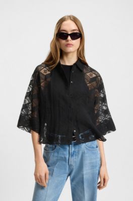 Regular-fit chiffon blouse with all-over logo print, Patterned