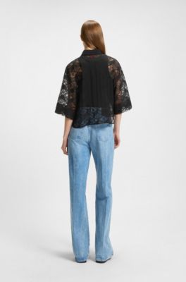 Regular-fit chiffon blouse with all-over logo print, Patterned