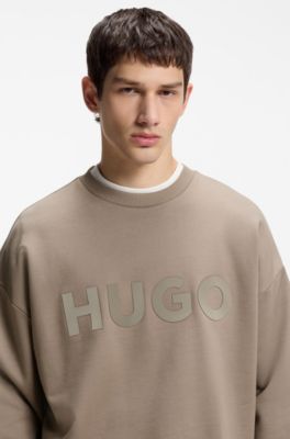 Sudadera oversize fit de felpa de algod&oacute;n con logo estampado a tono, Marr&oacute;n claro