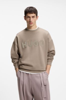 Sudadera oversize fit de felpa de algod&oacute;n con logo estampado a tono, Marr&oacute;n claro