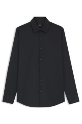 Camisa slim fit en sarga el&aacute;stica t&eacute;cnica, Negro