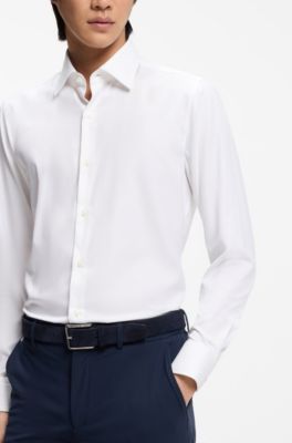 Camisa slim fit en sarga el&aacute;stica t&eacute;cnica, Blanco