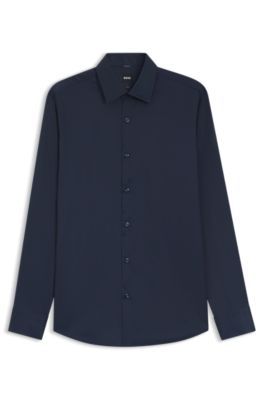 Camisa slim fit en sarga el&aacute;stica t&eacute;cnica, Azul oscuro