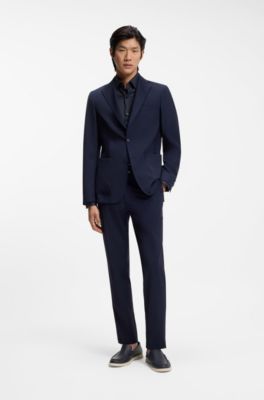 Camisa slim fit en sarga el&aacute;stica t&eacute;cnica, Azul oscuro