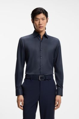 Camisa slim fit en sarga el&aacute;stica t&eacute;cnica, Azul oscuro