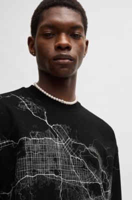 T-shirt en jersey de coton &agrave; motif artistique phosphorescent, Noir