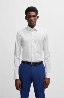 Regular-fit shirt in geometric-printed stretch-cotton poplin, Light Blue