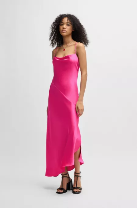 Satin dress with asymmetric hemline
