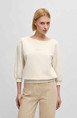 Sudadera de felpa de rizo de algod&oacute;n con logo con detalles de cristal, Blanco