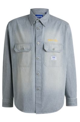 Chemise Oversize en denim lav&eacute; &agrave; rayures, Bleu