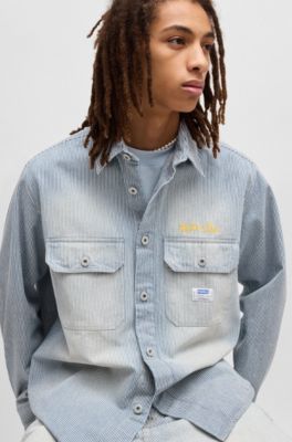 Chemise Oversize en denim lav&eacute; &agrave; rayures, Bleu