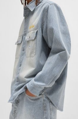 Chemise Oversize en denim lav&eacute; &agrave; rayures, Bleu