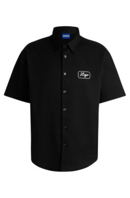 HUGO BOSS★長袖 HUGO ロゴ ボタン留め シャツ ワイシャツ★黒★ HUGO - Oversize-fit shirt in geometric-logo jacquard - Black