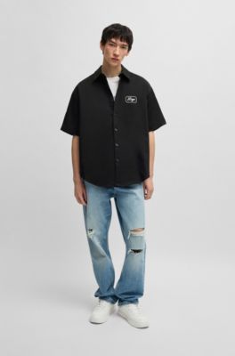 Camisa de sarga de algod&oacute;n con ilustraci&oacute;n bordada, Negro