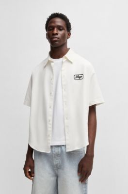 Camisa de sarga de algod&oacute;n con ilustraci&oacute;n bordada, Blanco